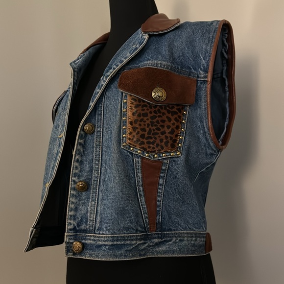 St. Maarten Dallas Vintage Women's Jean and Leather Animal Print Vest - Picture 2 of 8